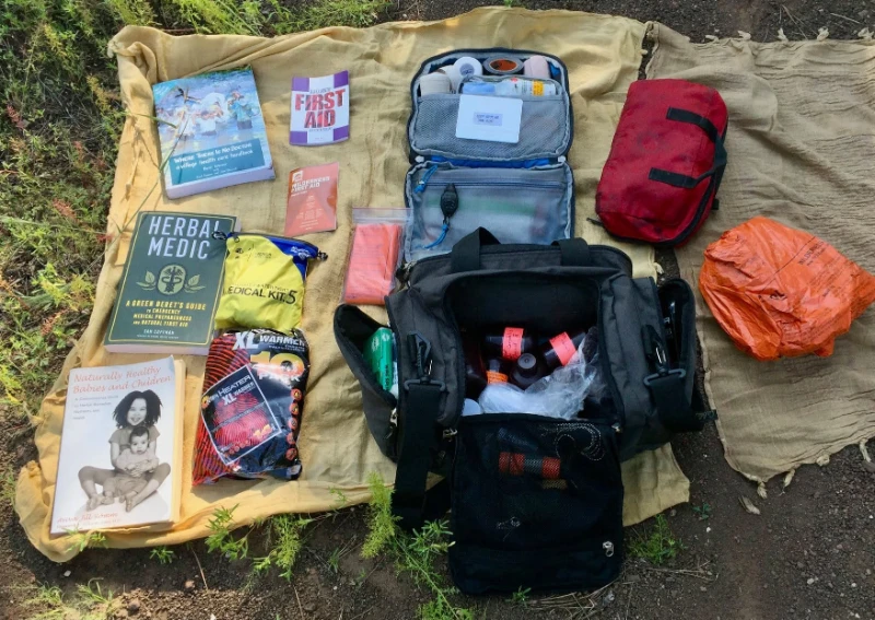 books and gear for a herbal first aid workshop